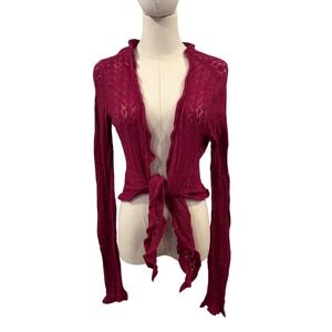 Express Angora Wool Blend Y2K Tie Front Pointelle Cardigan Berry Pink L Sheer